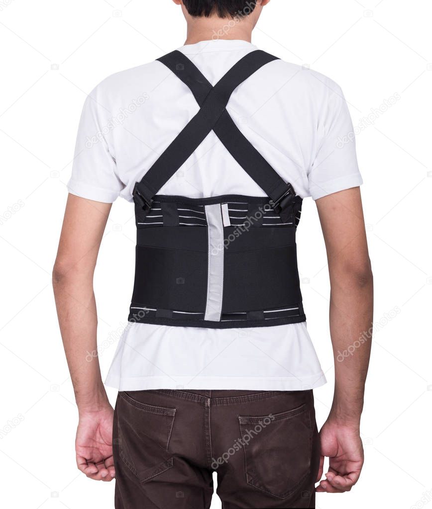 Worker man wear back support belts isolate ob white background