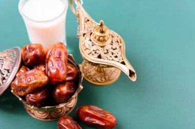 Ramadan, Dates in golden bowl, Milk, arabian Aladdin golden lamp