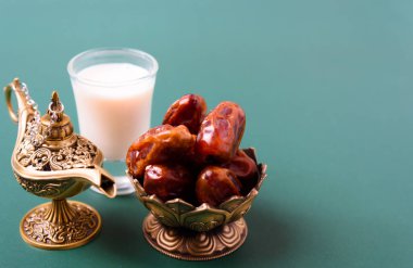 Ramadan, Dates in golden bowl, Milk, arabian Aladdin golden lamp