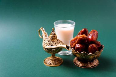 Ramadan, Dates in golden bowl, Milk, arabian Aladdin golden lamp