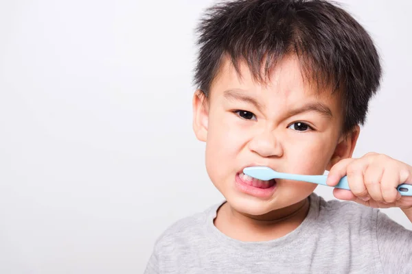 Nahaufnahme Asiatisches Gesicht Kleine Kinder Junge Hand Hält Zahnbürste Zähne — Stockfoto