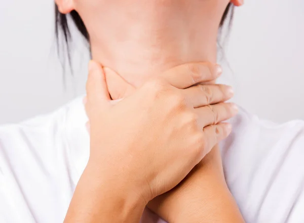 Asian Beautiful Woman Sore Throat Thyroid Gland Problem Her Useing — Stock Photo, Image