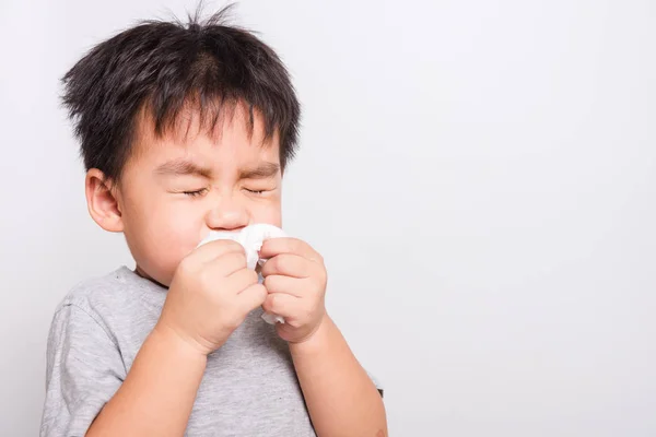 Closeup Asian Face Little Children Boy Cleaning Nose Tissue White — Stock Photo, Image