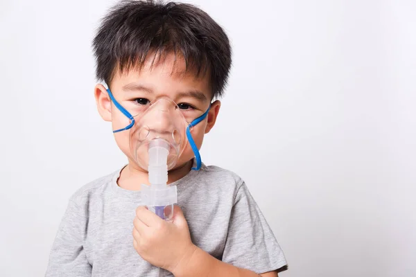 Fechar Rosto Asiático Menino Crianças Doente Ele Usando Inalador Vapor — Fotografia de Stock