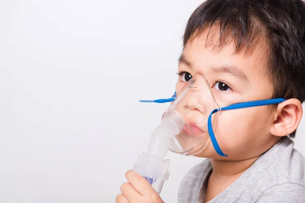 Closeup Asian Face Little Children Boy Sick Using Steam Inhaler — Stock Photo, Image