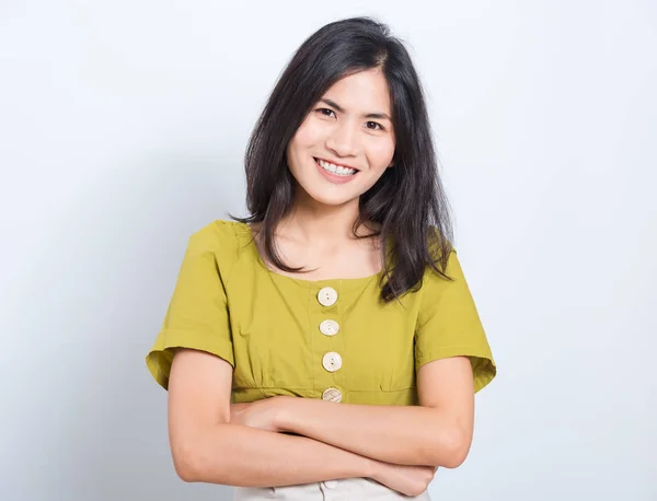 Retrato Asiático Bela Jovem Sorriso Vendo Dentes Brancos Ela Cruzou — Fotografia de Stock