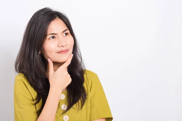 Portret Aziatische Mooie Jonge Vrouw Staande Denken Dromen Kijken Boven — Stockfoto