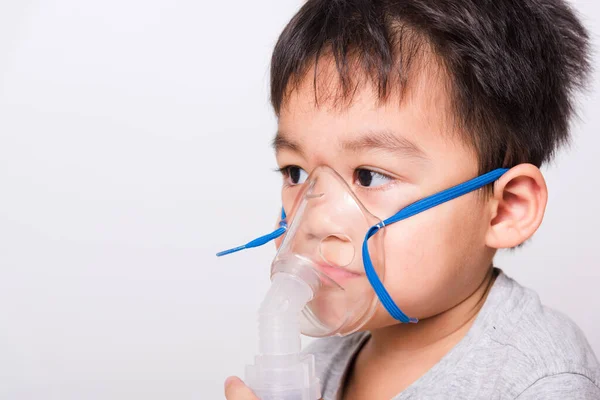 Closeup Asian Face Little Children Boy Sick Using Steam Inhaler — Stock Photo, Image