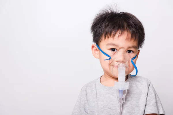 Fechar Rosto Asiático Menino Crianças Doente Ele Usando Inalador Vapor — Fotografia de Stock
