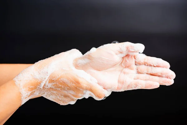 Closeup Cuidado Corpo Asiático Jovem Mulher Lavar Mãos Com Sabão — Fotografia de Stock