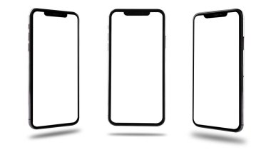 Modern dijital siyah akıllı telefon mobil model boş ekran üç konum beyaz arkaplan üzerinde izole edilmiş, kırpma yolu yok