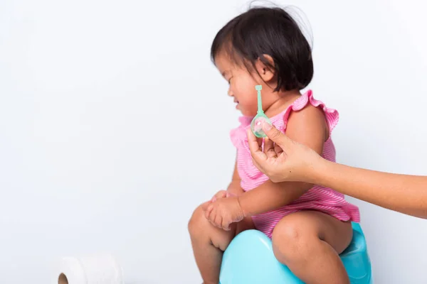 Asian Little Cute Baby Child Girl Training Sitting Blue Chamber — Stock Photo, Image