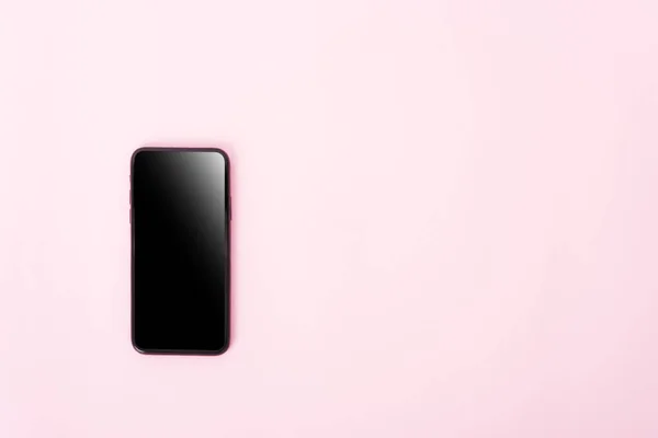 Top View Modern Technology Smart Phone Mobile Pink Background Copy — Stock Photo, Image