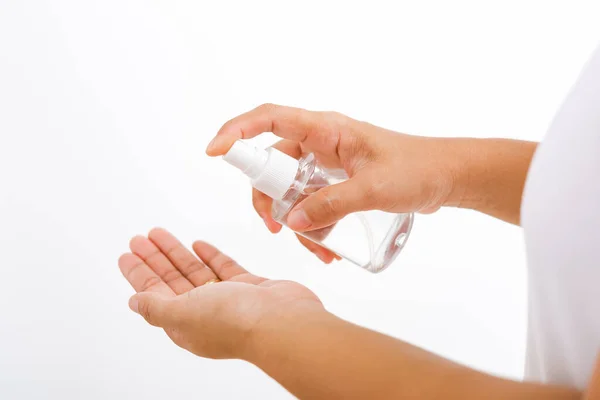Closeup Hand Asiatische Junge Frau Anwendung Sprühpumpe Spender Desinfektionsmittel Alkohol — Stockfoto