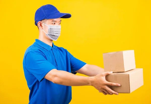 Side Asian Young Delivery Worker Man Blue Shirt Cap Uniform — Stock Photo, Image