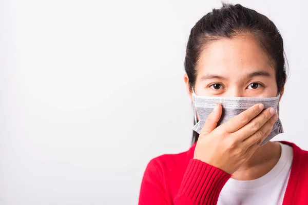 Asiatische Erwachsene Frau Mit Rotem Hemd Und Gesichtsmaske Schützt Vor — Stockfoto