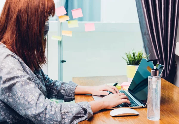 Asian Business Beautiful Young Woman Work Home Office Wearing Protective — Stock Photo, Image