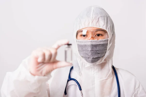 Asiatisk Kvinnlig Läkare Eller Sjuksköterska Ppe Uniform Och Handskar Med — Stockfoto