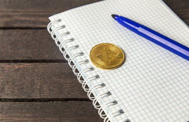 Cilt kalemi ve bitcoin beyaz defter üzerinde yatıyordu.