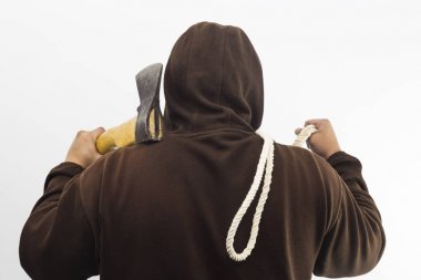 adam balta ve beyaz arka plan üzerinde sırtında ip.