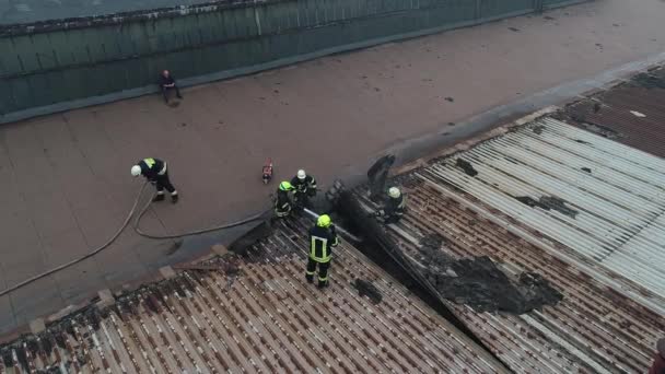 Πυροσβέστες Σβήνουν Φωτιά Καπνού Ομίχλη Γυρίσματα Από Ύψος Drone Copter — Αρχείο Βίντεο