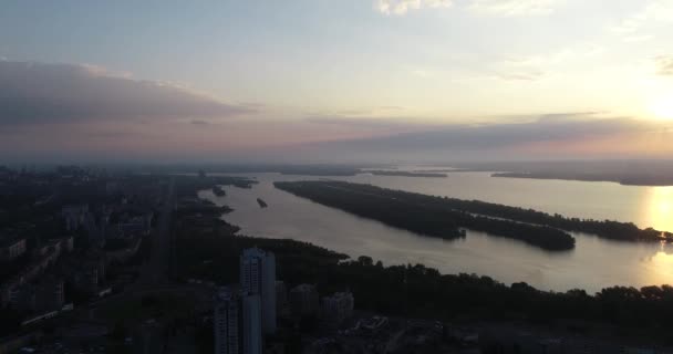 Aerial View Flight Beautiful River Green Wood Sunset Soft Light — Stock Video