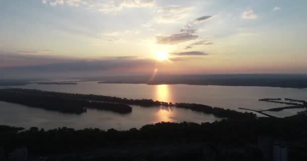 Aerial View Flight Beautiful River Green Wood Sunset Soft Light — Stock Video