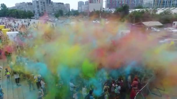 Dnipro Ukraine Aerial Holi Colours Festival Slow Motion People Throwing — Stock Video