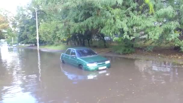 乗客の車は大雨の後に氾濫したデ プレインズ川のために道路の路上で浸水した上で立ち往生 この地域の洪水期は — ストック動画