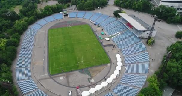 Joueuses Rugby Entraînement Stade Météore Dnipro Vue Aérienne Panoramique Ciel — Video