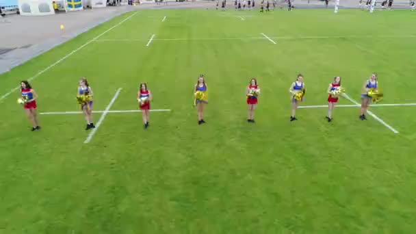 Rugbyspielerinnen Beim Training Des Stadionmeteors Dnipro Aus Der Luft Rundumblick — Stockvideo