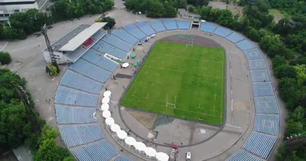 Dişi Rugby Oyuncuları Stadyum Meteorları Eğitiyorlar Dnipro Panoramik Gökyüzü Drone — Stok video