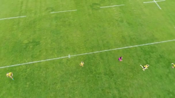 女子橄榄球运动员训练体育场流星Dnipro空中全景俯瞰飞天无人直升机 — 图库视频影像