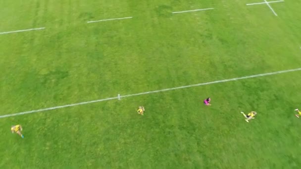 女性ラグビー選手トレーニングスタジアム流星Dnipro空中パノラマトップビュー空を飛んでドローンのコプター — ストック動画