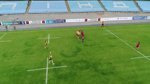 Jugadoras Rugby Entrenando Meteoro Del Estadio Dnipro Vista Aérea Panorámica — Vídeo de stock