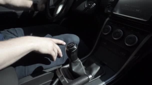 Man Warm Clothes Changing Gear Car Driving Mechanical Speed Control — Stockvideo