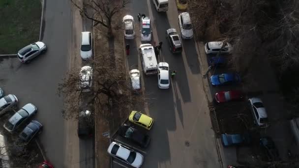 Accidente Tráfico Con Dos Choques Autos Vista Panorámica Parte Superior — Vídeo de stock