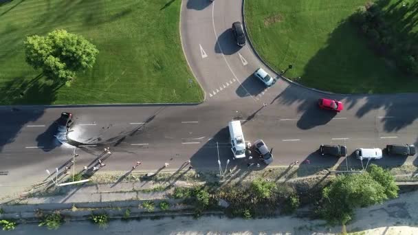 Повітряний Вид Дорожню Аварію Безпека Дороги Потік Автомобілів Центрі Міста — стокове відео