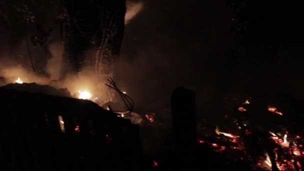 Vue aérienne, poursuite, tir de drone, vue sur la forêt en flammes, feux de forêt détruisant et causant la pollution de l'air, par une nuit d'été sombre 