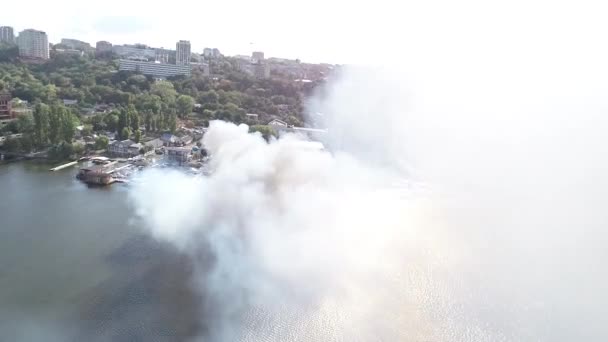 Big Fire Black Smoke Aerial Top Panoramic View Sky Fly — Stock Video