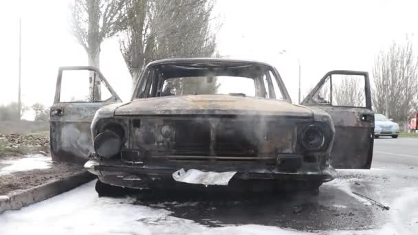 Slide Slow Motion Two Passenger Cars Burned Which Suffered Violent — Stock Video