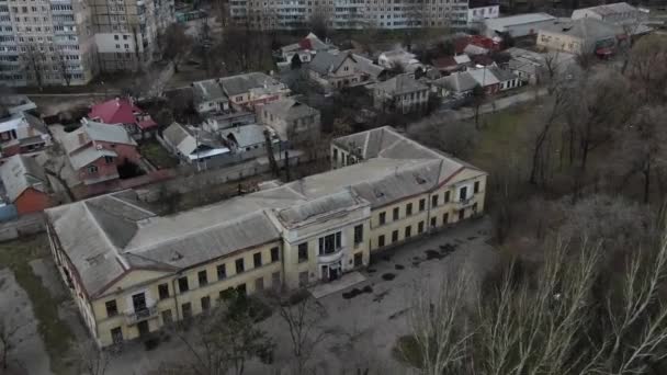 Fotocamera Vola Sopra Città Abbandonata Dnipro Ucraina Autunno Filmati Aerei — Video Stock