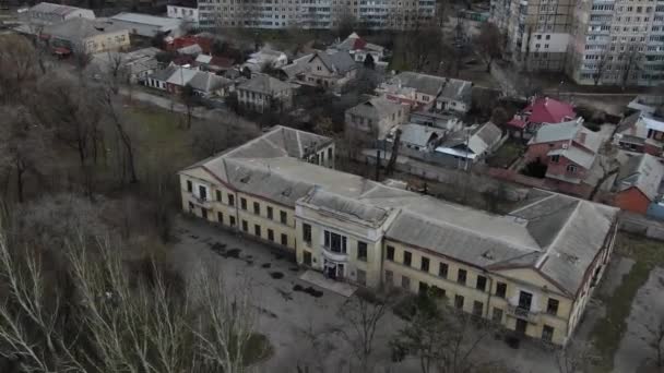 Camera Flies Abandoned City Dnipro Ukraine Autumn Aerial Footage — Stock Video