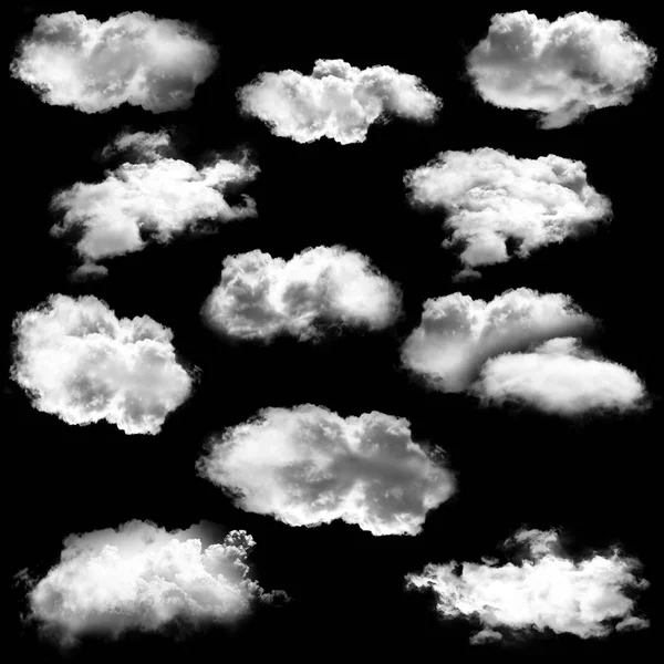 Nubes blancas aisladas sobre fondo negro conjunto de ilustración —  Fotos de Stock