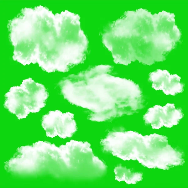 Nubes blancas colocadas aisladas sobre fondo cromakey verde —  Fotos de Stock