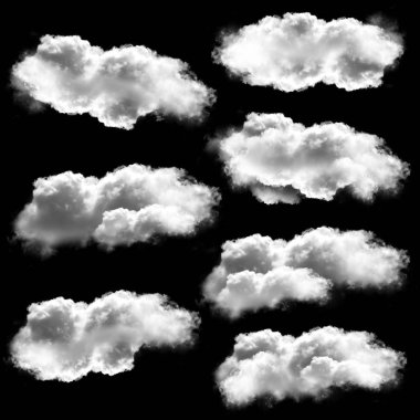 Siyah arka plan üzerinde 3d illus izole beyaz bulutlar koleksiyonu