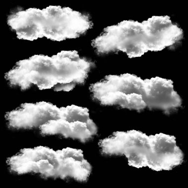 Siyah arka plan üzerinde 3d illus izole beyaz bulutlar koleksiyonu