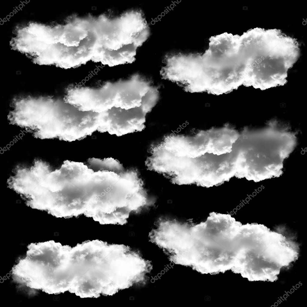 White clouds collection isolated over black background, 3D illus