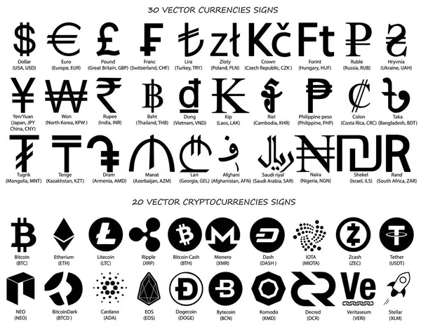 Divisas signos, símbolos de moneda vectorial, moneda mundial y cr — Vector de stock