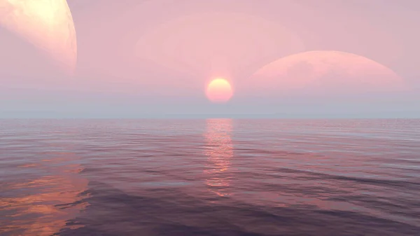 海のイラストの上に夕日の日の出 — ストック写真